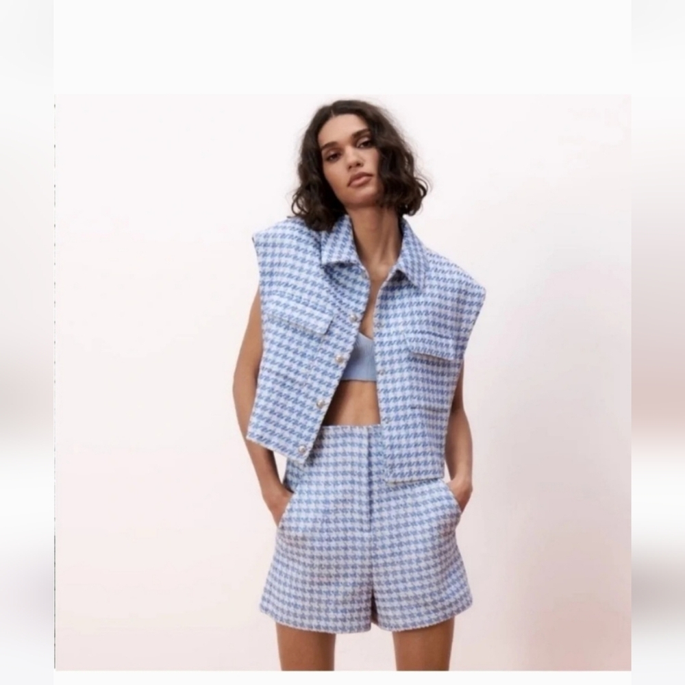 Zara Textured Weave Tweed Vest & Shorts Set Blue
